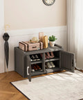 Weatherproof Outdoor Shoe Storage Cabinet With 2 Barn Doors And Adjustable Shelves And Waterproof UV Resistant Entryway Bench For Indoor Outdoor Use This Rugged Resin Shoe Organizer In Classic Grey shown in a room with barn doors open, displaying shoes inside.
