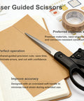 Laser Guided Scissors Pro Grade For Fabric And Paper With Ergonomic Handle, Heavy Duty Cutting Tool on a notebook with craft paper
