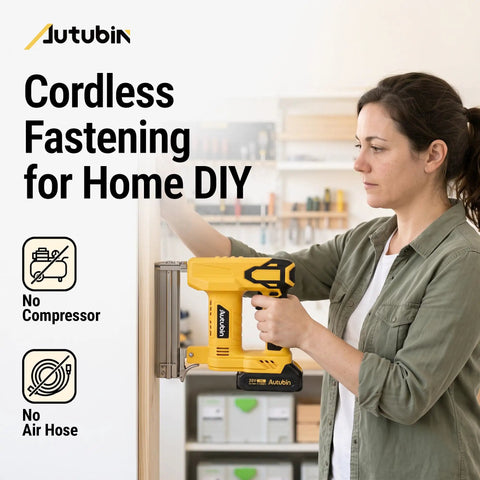 18 Gauge Cordless Brad Nailer 2 In 1 Electric Nail And Staple Gun Kit Battery Powered used by a person for DIY projects.