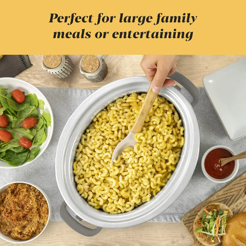 Heavy Duty 7 Quart Programmable Slow Cooker With Secure Locking Lid And Bright Digital Screen Cook And Carry Electric Pot serving macaroni meal.