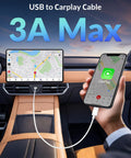 Dashboard view with USB to CarPlay cable connecting phone displaying navigation and CarPlay app, 3A max charging.