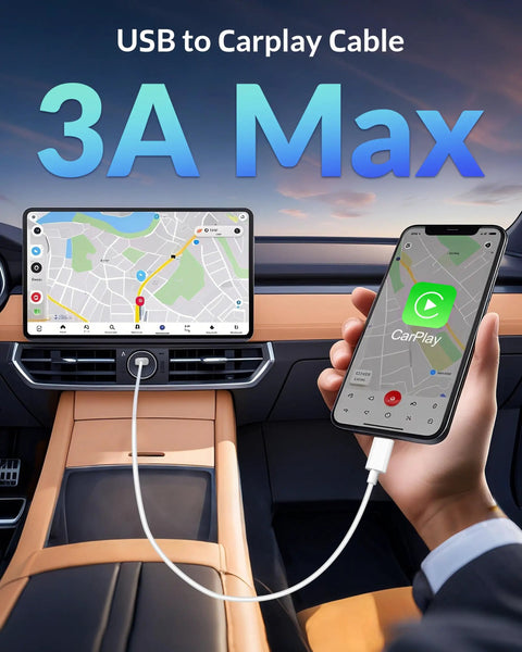 Dashboard view with USB to CarPlay cable connecting phone displaying navigation and CarPlay app, 3A max charging.