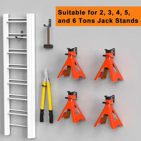 Six orange heavy-duty jack-stand wall mounts for hanging 2–6 ton stands on a gray garage wall