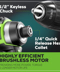 Close-up of 1/2" keyless chuck and 1/4" hex collet with text 'Highly Efficient Brushless Motor' for 24V Max Cordless Brushless Drill And Impact Driver Combo Kit With 2 Batteries, Fast Charger, And Storage Bag, Lightweight Pro Grade Electric Drill Set For High Torque Drilling And Screw Driving.