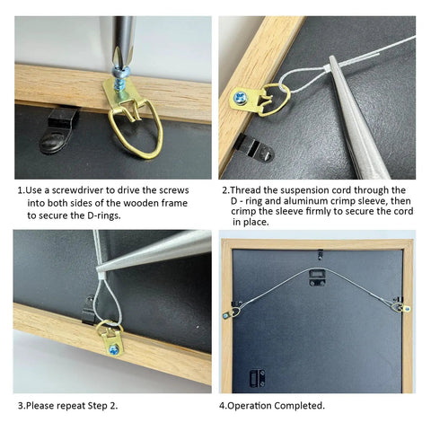 Heavy Duty Picture Hanging Wire Kit With 110 Feet Braided Wire 60 D Ring Hangers Screws And Aluminum Crimp Sleeves installation steps
