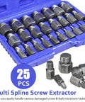 25 Piece Screw Extractor And Bolt Remover Set For Removing Broken Stripped And Frozen Screws And Bolts From One Eighth Inch To Seven Eighth Inch With Hex Head MultiSpline Design Pro Grade Easy Out Tool Kit For Quick Diy Repairs in a blue case