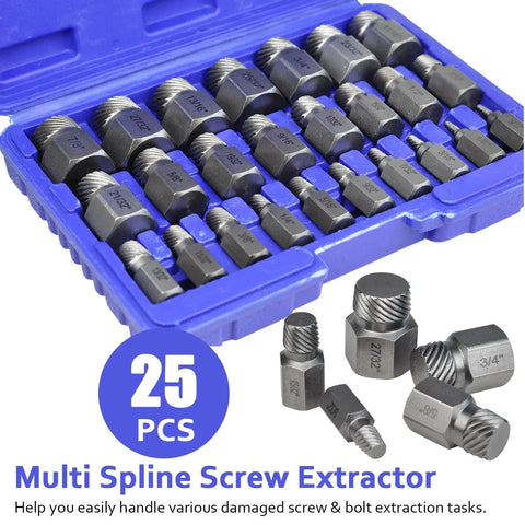 25 Piece Screw Extractor And Bolt Remover Set For Removing Broken Stripped And Frozen Screws And Bolts From One Eighth Inch To Seven Eighth Inch With Hex Head MultiSpline Design Pro Grade Easy Out Tool Kit For Quick Diy Repairs in a blue case