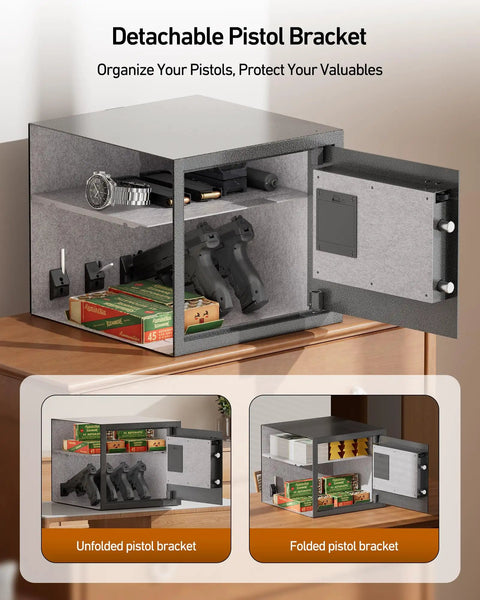 Smart Gun Safe For Multiple Pistols With Automatic Lock LCD Display And Voice Guide Quick Access Fingerprint Keypad Key Or App Unlock Biometric Handgun Safe For Stash Worthy Money And Valuables with detachable pistol bracket on a wooden table