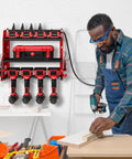 Power Tool Organizer Wall Mount With Charging Station, Built In 4 Drill Holders And 8 Outlet Power Strip in use in workshop