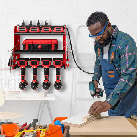 Power Tool Organizer Wall Mount With Charging Station, Built In 4 Drill Holders And 8 Outlet Power Strip in use in workshop