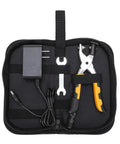 RitoEasysports Electric Badminton Racket Trumpet Plier 2A Cold Hot Press Crimping Machine components in a zippered case.