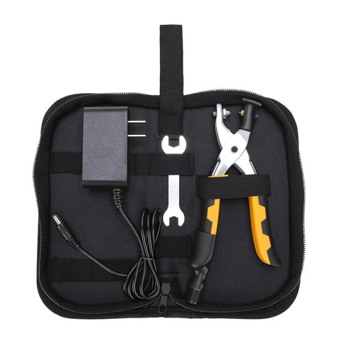 RitoEasysports Electric Badminton Racket Trumpet Plier 2A Cold Hot Press Crimping Machine components in a zippered case.