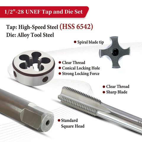 Image of One Half Inch Twenty Eight UNEF Tap And Die Set HSS Right Hand For Precision Machining Includes Round Die And Tapping Tool.
