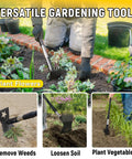Gardener using Stand Up Weed Puller With 68 Inch Long Handle, 2 In 1 Weed Rake And Garden Hoe Combo in yard for uprooting weeds