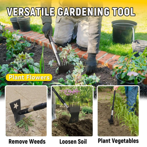 Gardener using Stand Up Weed Puller With 68 Inch Long Handle, 2 In 1 Weed Rake And Garden Hoe Combo in yard for uprooting weeds