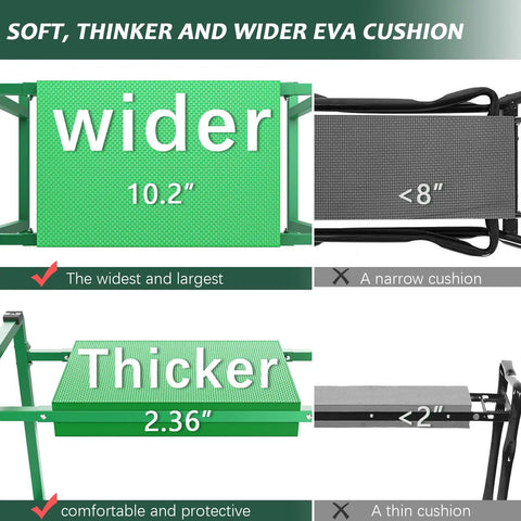 Heavy Duty Garden Kneeler And Seat With Extra Wide 10.2 Inch EVA Cushion comparison showing wider and thicker design