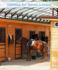 Horse stable with 12-Count Horse Bridle Rack With Hooks And Tubes Screws, Metal Bridle Holder Wall Mount For Tack Room visible.