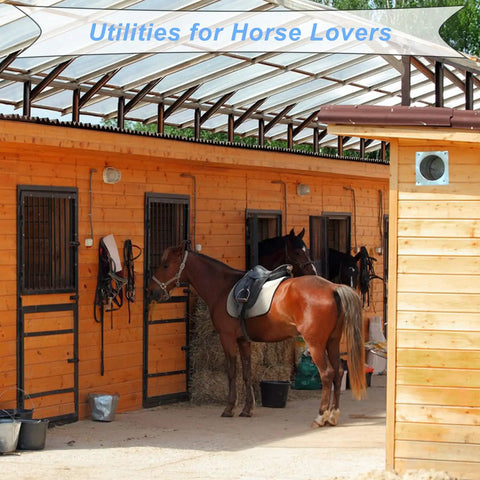 Horse stable with 12-Count Horse Bridle Rack With Hooks And Tubes Screws, Metal Bridle Holder Wall Mount For Tack Room visible.