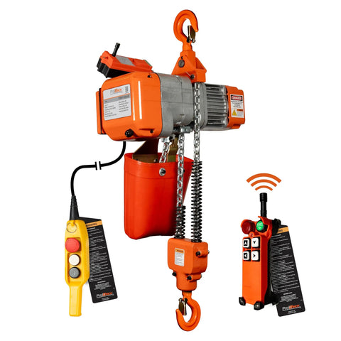 Electric Chain Hoist 1 Ton 2200 Lb With Remote Control, 110V, 20 Ft Lift Height, Single Phase, G80 Chain, H2 Duty For Overhead Cranes And Warehouse Lifting