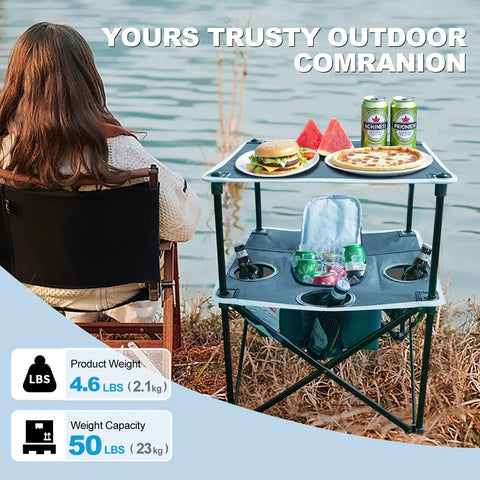 Folding Beach Table For Sand Camping With Insulated Cooler Storage And Four Cup Holders Portable Pop Up Picnic Table by water