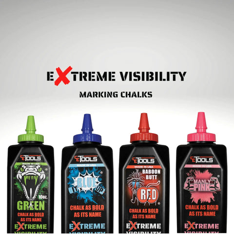 Image of four bottles of marking chalk including Mean Green Ultra Fine Marking Chalk For Chalklines 10 Oz Hydrophobic Construction Chalk.