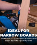 Slick Micro Pocket Hole Drill Guide Kit For Tight Projects And Half Inch Lumber Precision Mini Jig with a board being drilled.