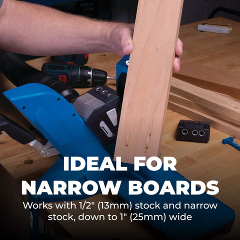 Slick Micro Pocket Hole Drill Guide Kit For Tight Projects And Half Inch Lumber Precision Mini Jig with a board being drilled.