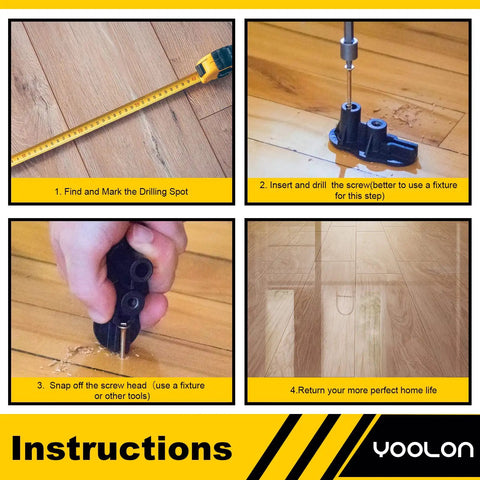 Instruction steps for using the Ultimate Floor Repair Kit With 250 Replacement Screws To Stop Squeaks And Floor Noise Through Carpet