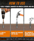 Instructions for using 5 Piece Screw Extractor Set For Stripped And Damaged Screws Easy Out Spiral Extractors In CrMo Alloy Steel.