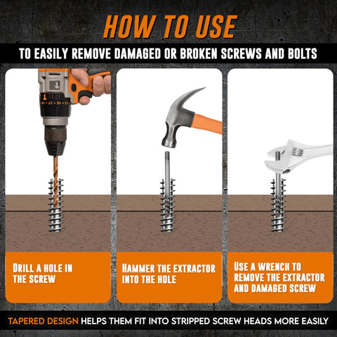 Instructions for using 5 Piece Screw Extractor Set For Stripped And Damaged Screws Easy Out Spiral Extractors In CrMo Alloy Steel.