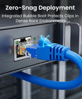 Cat6 Ethernet Patch Cables 10 Ft Blue 10 Pack for Dope Home Office Networking connected to a server port, showcasing gold-plated connector