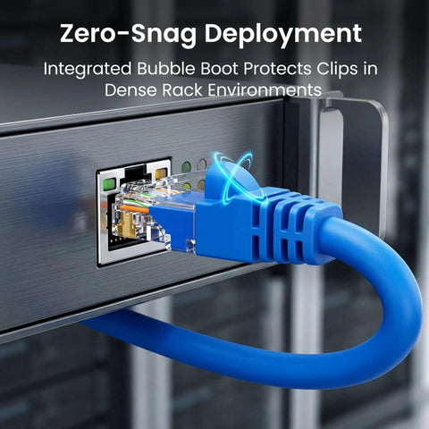Cat6 Ethernet Patch Cables 10 Ft Blue 10 Pack for Dope Home Office Networking connected to a server port, showcasing gold-plated connector