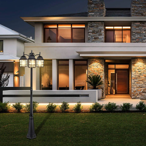 Three Head Outdoor Lamp Post Light Fixture With Dusk To Dawn Photocell Sensor, Aluminum Hardwired Yard Light, Water Ripple Glass Shade