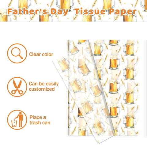 Beer Themed Tissue Paper Pack With 50 Sheets On 20x14 Inches featuring beer mugs and wheat designs for Father's Day.
