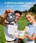 Smiling golfers holding a Magnetic Golf Cart Cruise Fan Set With 5000mAh Battery Rechargeable Dual Fans For EZGO Club Car Yamaha Travel Cooling Accessory Perfect Gift For Golfers Dads And Fathers 2 Pack on a golf course.