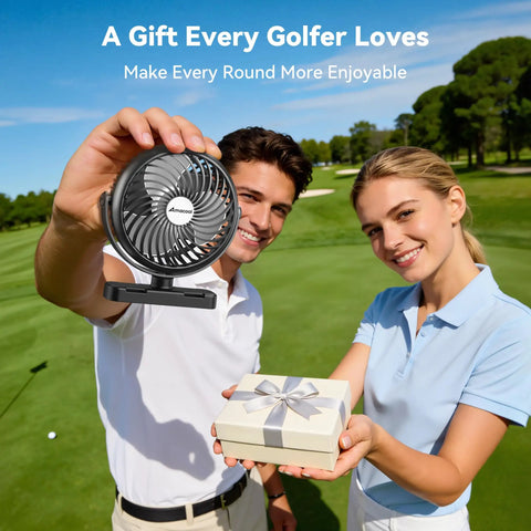 Smiling golfers holding a Magnetic Golf Cart Cruise Fan Set With 5000mAh Battery Rechargeable Dual Fans For EZGO Club Car Yamaha Travel Cooling Accessory Perfect Gift For Golfers Dads And Fathers 2 Pack on a golf course.