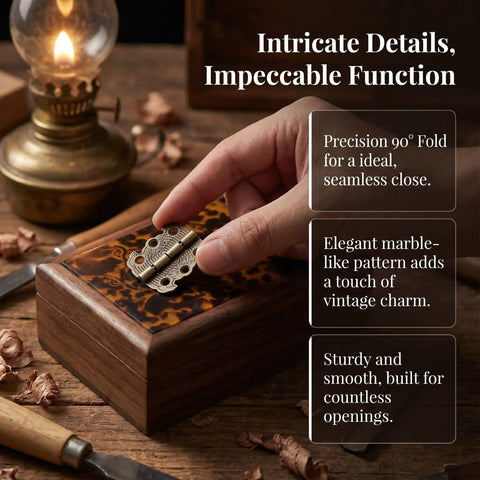 Hand attaching 20 Pack Mini Butterfly Hinges In Vintage Bronze, 90 Degree Folding Hardware With Engraved Pattern for DIY projects.