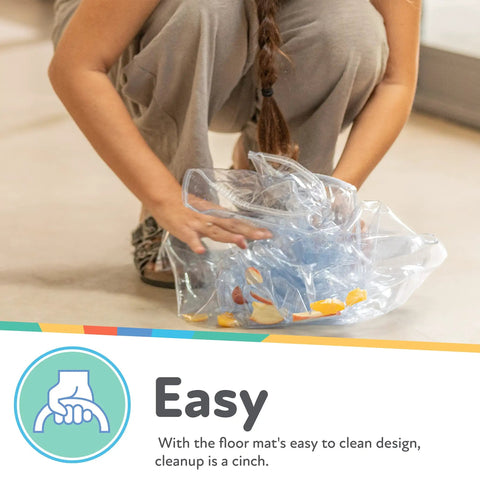 Waterproof High Chair Floor Mat 50 Inch Diameter Clear Circle Kitchen Mat being easily cleaned by woman picking up crumbs.