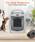 Compact Ceramic Space Heater 1500W 750W with thermostat, safety features, shown with dog, highlighting tip-over protection.