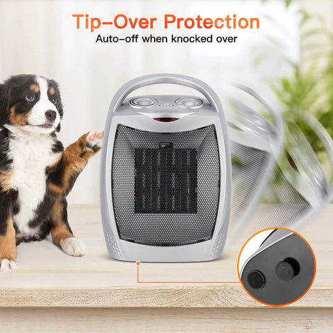 Compact Ceramic Space Heater 1500W 750W with thermostat, safety features, shown with dog, highlighting tip-over protection.