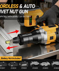 Cordless Rivet Nut Gun For 20V Max Batteries Tool Only in use with metal panel, auto mode, brushless motor, battery powered tool.