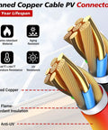 Close-up of tinned copper cable PV connectors with flame-retardant PPO insulation, showcasing material features and lifespan.