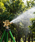 Two Pack Impact Sprinklers On Tripod Bases With 360 Degree Brass Heads, Heavy Duty Metal Tripod, watering a garden area