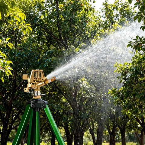 Two Pack Impact Sprinklers On Tripod Bases With 360 Degree Brass Heads, Heavy Duty Metal Tripod, watering a garden area