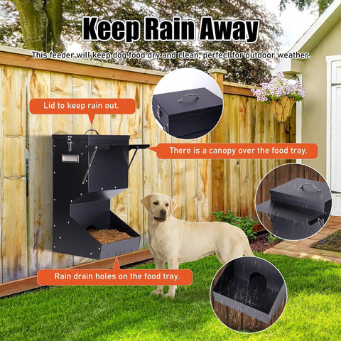 Set And Forget Outdoor Dog Feeder With Sturdy Rain Cover showing lid, canopy, and rain drain holes, perfect for large breeds.