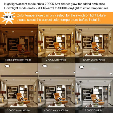12 Pack 6 Inch LED Recessed Ceiling Lights With Night Light, Orb Can-Killer Design, showcasing various CCT options in a living room.