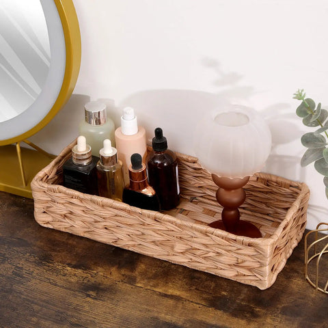 Must Have Woven Tissue Holder And Toilet Paper Organizer Box with iron frame displaying bottles and lamp on wooden surface.