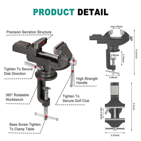 All-In-One Golf Grip Removal And Regrip Kit With 360 Degree Swivel Table Vise, Pro-Grade Grip Vise Clamp details chart