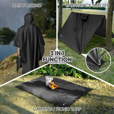 3 In 1 Hooded Rain Poncho For Adults With Pocket Waterproof Lightweight Unisex Rain Coat For Hiking Camping And Emergencies Black