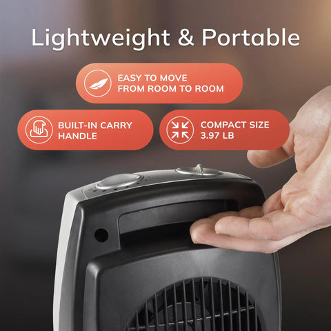 Compact Desktop Ceramic Space Heater With Adjustable Thermostat, Two Heat Settings And Fan Only Mode, Quiet Personal Heater being held